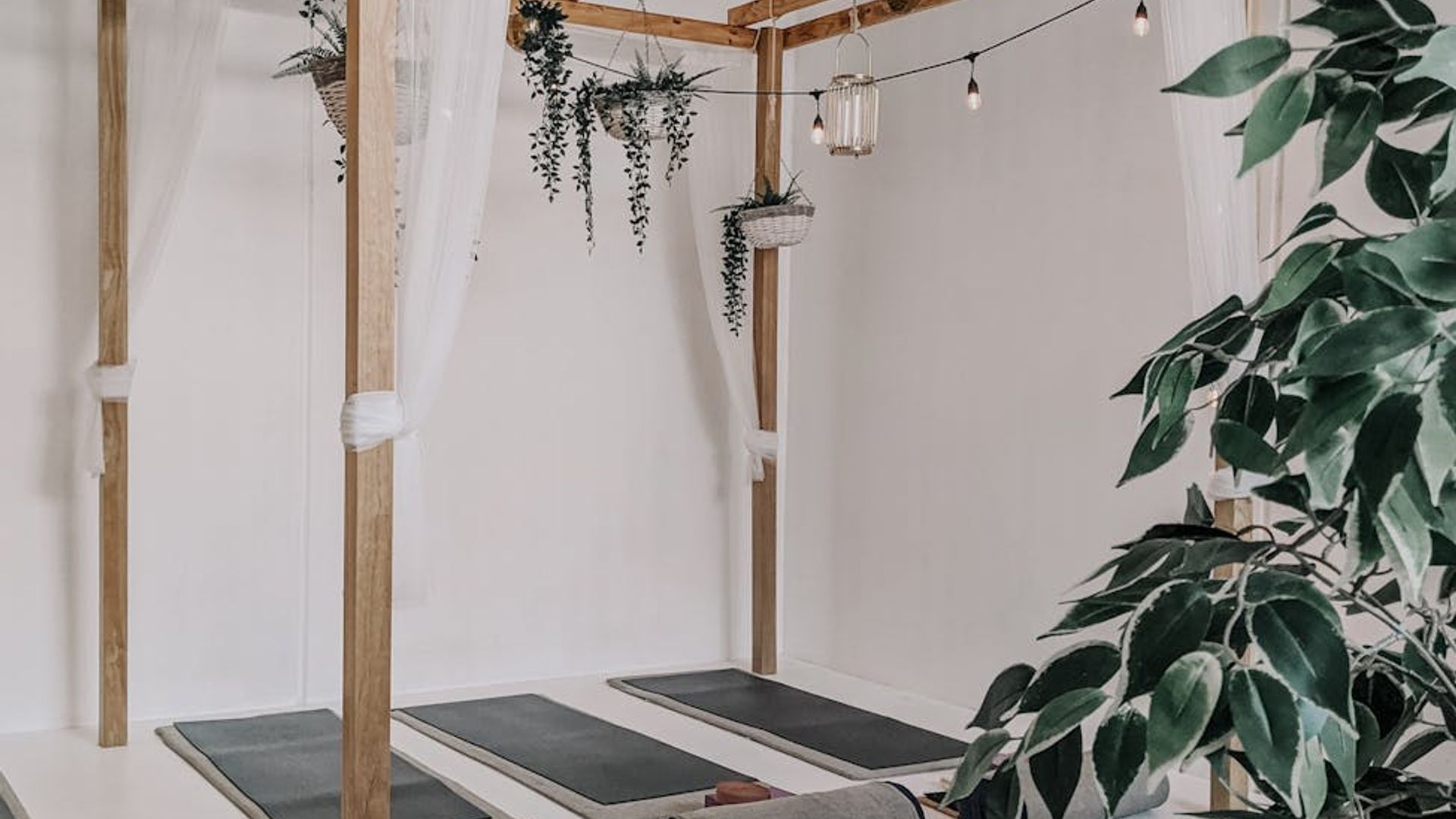 Minimalist yoga studio with soft morning light and plants.